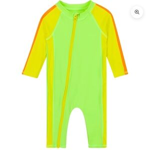 Neon Green & Yellow UPF50 One-Piece Rash Guard Swimsuit with Pink Accent